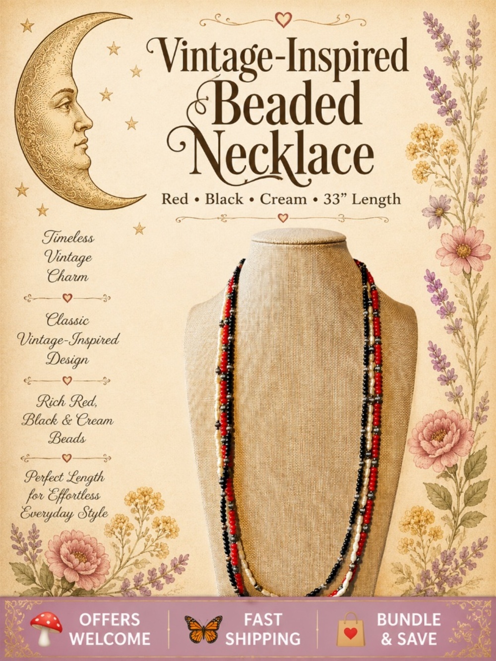 Vintage‑Inspired Beaded Necklace Red Black Cream 33” Retro Layering